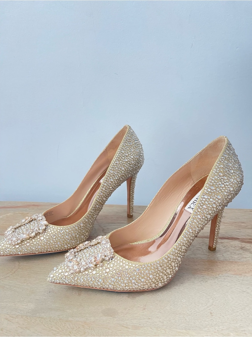 Badgley Mischka Elegant Crystal-Embellished Gold High Heel Pumps